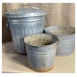 Galvanized Metal Trash Can & 2 Buckets