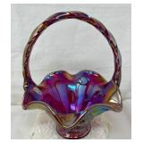 Fenton Iridescent Glass Basket w/Floral Pattern
