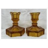 Coin Glass Candlestick, Fostoria, Amber