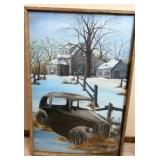 Jon Mercer 1986 Acrylic Winter Landscape w/Car
