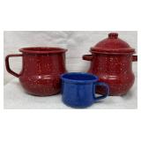 Enamelware Cream & Sugar & Sm. Blue Cup