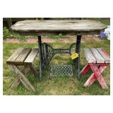 Vintage Singer Treadle Table w/2 Wooden Benches