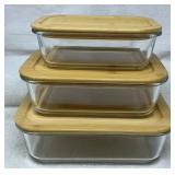 3 Glass Food Storage Containers w/Bamboo lids