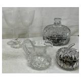 Clear Glass Covered Dishes w/buttons, Sm. Pitcher