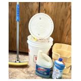 Cleaning Supplies: Mop, Bucket of Towels, Windex