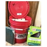 Red Bucket w/lid full of TP, Scotch-Brite Scrub