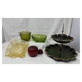 Green & Amber Glass Dishes & 2-Tiered Tray