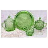 Green Depression Glass Sugar, Creamer, Cake Tray