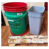 2) Bucket, 2 Rolls Vtg Wallpaper, 2 Trashcans