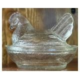 Clear Pressed Glass Hen on Nest Covered Dish