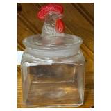 Vtg Clear Glass Jar w/Red Rooster Head Lid