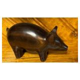 Hand-Carved Dark Wood Pig Figurine