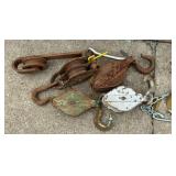 5) Vtg Metal Pulley Blocks w/Hooks