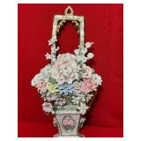 Vtg Porcelain Floral Basket Wall Pocket