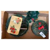 Lefton Christmas Holly Glassware, Vtg Tin