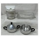 Aluminum Sugar/Creamer, Glass Covered Butter Dish