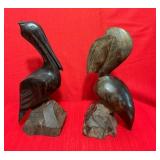 Carved Wood Pelican Bird Sculptures, 2