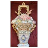 Capodimonte Porcelain Wall Pocket Basket w/floral