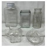 Vtg Glassware: Juice Pitchers, Reamer, Jars