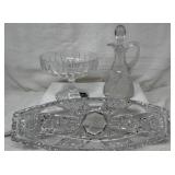 Glass Relish Tray, Cruet, Compote