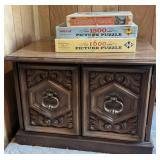 End Table Cabinet w/Ornate Doors, Jigsaw Puzzles