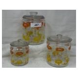 Vtg Morning Glory Glass Canisters w/lids, set of
