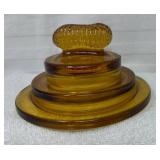Vtg Amber Glass Lid w/Peanut Shaped Handle