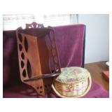 VTG CORNER WOOD KNICK KNACK SHELF + SEWING BASKET