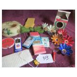 BOX LOT: JEWELED REFLECTORS, CANDLES, SEWING