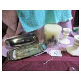 CANDLE, BUTTER DISH & CANDLESTICKS