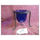 VTG COBALT BLUE BOWL ON BLACK METAL STAND -...