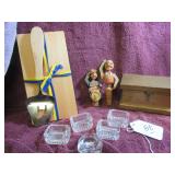 (5) SALT CELLARS, (2) MECHANICAL WOODEN BOTTLE...