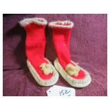 VTG HAND-KNITTED SLIPPER SOCKS - LEATHER SOLE -...