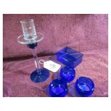 BLUE & CLEAR "SATURN DISK" CANDLE, (4) COBALT...