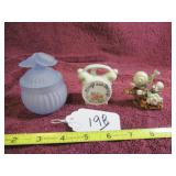 BOX LOT: BLUE-LIDDED TRINKET HOLDER, ALARM...