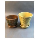 2 Vintage Ceramic Planters w/ Saucers ï¿½ Basket