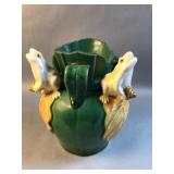 Vintage figural pottery vase with frog and lily