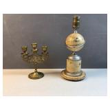 Art Deco mid century lamp and brass candlelabra