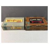 Old cigar boxes & wood chess pieces