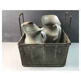 Vintage metal serving pitchers & heavy wire basket