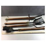 heavy large wood handle fire place set