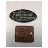1941 Peoria IL Bicycle tax & machine plate