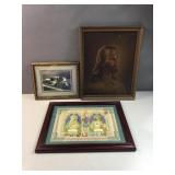 (2) framed religious pieces with bonus farm photo