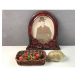dresser top collectibles portrait frame, glass ban