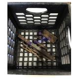 Wooden level and parts in milk crate Wooden level and parts in milk crate