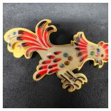 Celluloid Brass Rooster Brooch with Multi Color Rh