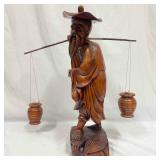 Antique Asian Wood Carved Fisherman Wooden Statue