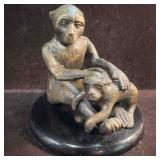 Bronze Mother and Baby Monkey Black Wooden Base