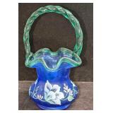 Hand Painted Fenton Cobalt Blue Morning Glory Bask