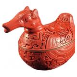 Large Red Cinnabar Carved Duck Storage Box